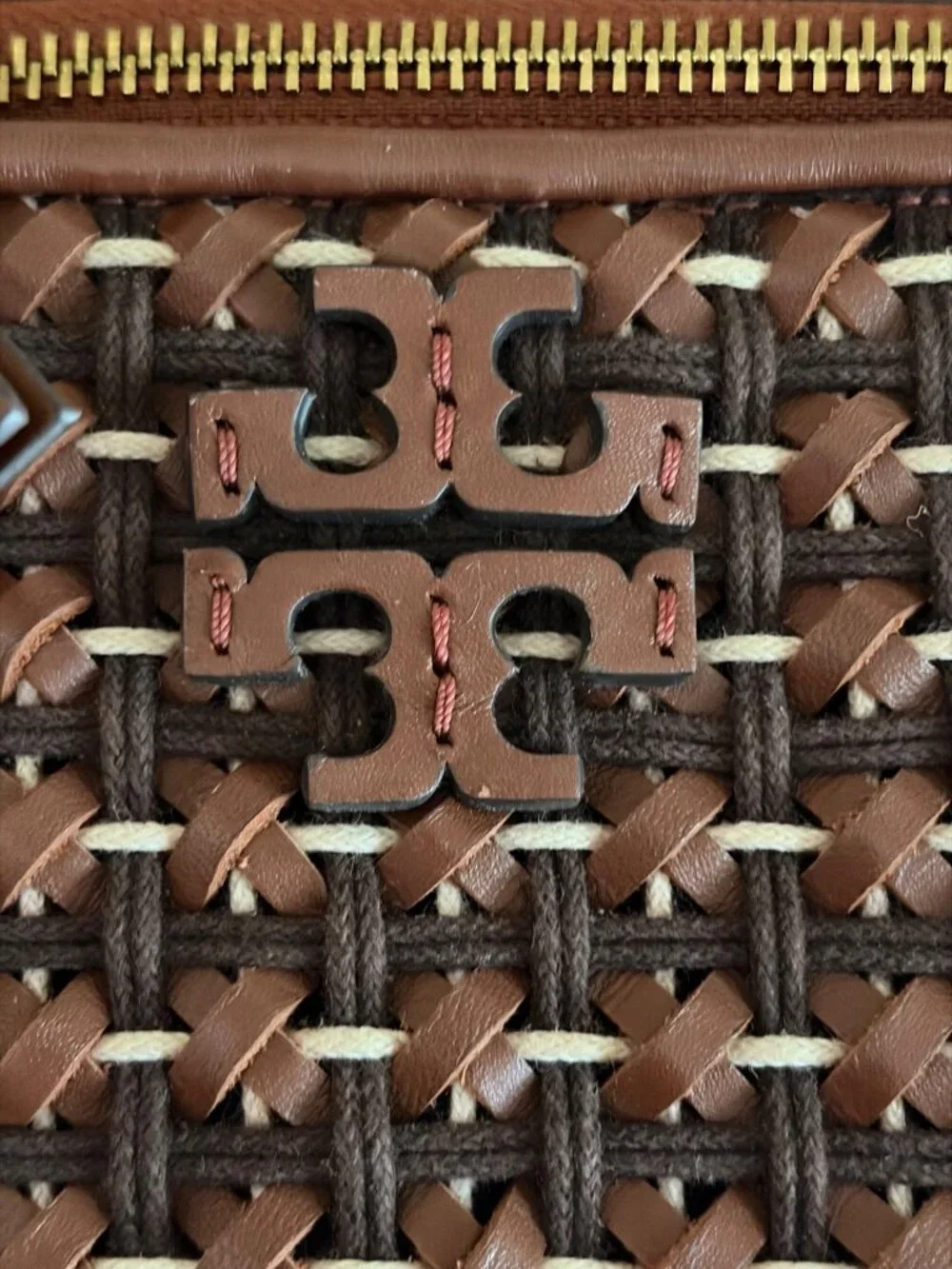 TORY BURCH Britten Woven Small Top Handle Case Bag Brown Gold Crossbody